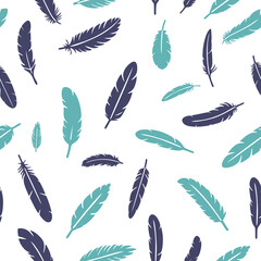 Bird feathers seamless pattern. Feather silhouette background. Plumelet collection. Vector isolated on white
