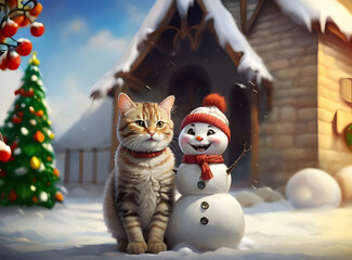 happy cat next to a snowman, Illustration by Generative Ai