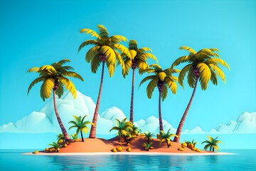 3D illustration of an uninhabited tropical island with palm trees in the sea,  generated ai