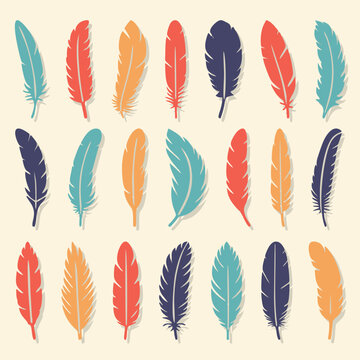 Colorful bird feathers set icon. Feather silhouette. Plumelet flat collection. Vintage pen for calligraphy. Vector isolated on white