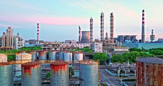 Aerial view of chimneys of power plant, an industrial district. Modern large thermal power plant. Generation through coal switched over to natural gas.