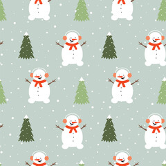 Seamless pattern with cute snowman, christmas tree and snowflakes. Vector flat design for wrapper, fabric, wallpaper.