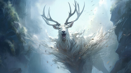 Winter fantastic postcard. deer with giant horns in a fairy-tale snowy forest. Christmas image....