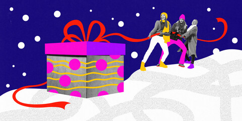 Naklejka premium Cheerful young people pulling giant present box on snow. Getting gifts. Contemporary art collage. Concept of winter holidays, Christmas and New Year, vacation. Creative design. Poster, postcard. Ad