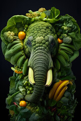 Portrait of an Elephant made from Vegetables and Fruits. Healthy Eating Concept