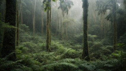 Misty rainforest scene with towering moss-covered trees shrouded in fog. The lush fern underbrush provides a carpet of green, adding to the ethereal ambiance of this untouched wilderness.