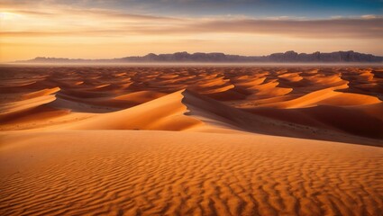 Sweeping dunes stretch beneath a golden sunset, their curves casting contrasting shadows. The vast desert expanse meets distant rocky formations, all bathed in a warm, amber glow.