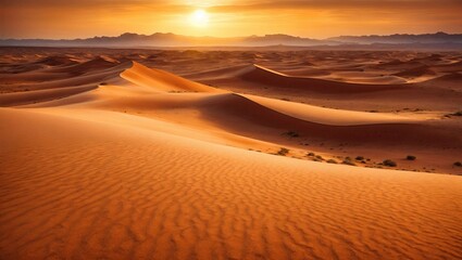 Fototapeta na wymiar Golden sun rays illuminate the vast desert, casting a fiery glow on the sinuous dunes. Ripples in the sand create intricate patterns, leading to distant mountain silhouettes under a hazy sky.