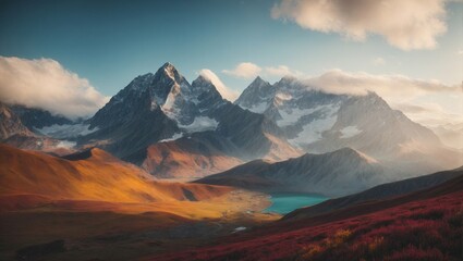 Golden hills roll gently towards rugged mountains enveloped in mist, with a serene turquoise lake nestled below. Crimson vegetation carpets the foreground, while a soft glow illuminates the peaks.