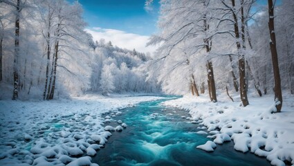 A pristine winter scene showcases a turquoise river flowing gracefully amid snow-covered rocks, surrounded by frost-kissed trees. The ethereal beauty of nature is captured in its icy splendor.