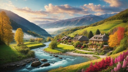 A picturesque village nestled amid vibrant autumn foliage, with stone cottages overlooking a turquoise river. Majestic mountains rise in the distance, shrouded in mist, under a dreamy cloudy sky. - obrazy, fototapety, plakaty