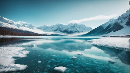 Crisp winter landscape featuring majestic snow-covered mountains reflected in a tranquil icy lake, with scattered ice chunks. The azure waters blend with the clear sky, flanked by dense forests.
