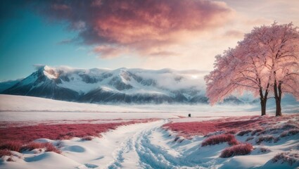 Dreamy winter landscape dominated by a frosted pink tree, set against snowy mountains cloaked in mist, with rosy fields stretching out and a meandering icy path under a twilight sky. - obrazy, fototapety, plakaty