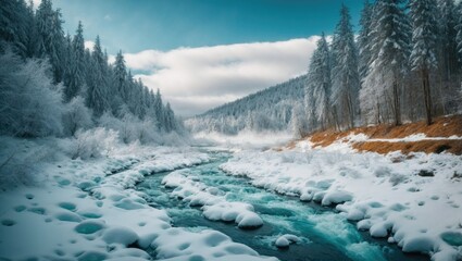 A winter wonderland unfolds as snow blankets the forest and river. Frosted trees stand tall beside a teal river strewn with snow mounds. Distant mist adds mystery, under a calm blue sky. - obrazy, fototapety, plakaty
