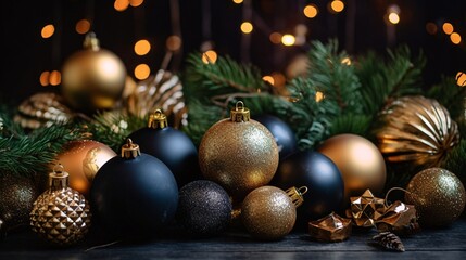 Obraz na płótnie Canvas Beautiful Christmas decorations on table against blurred festive lights, closeup