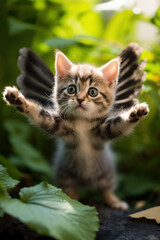 Little winged flying kitten in garden