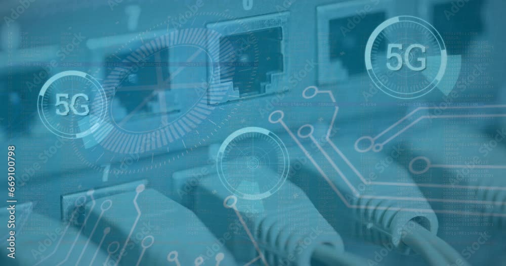Poster animation of 5g text banners and microprocessor connections against close up of a computer server