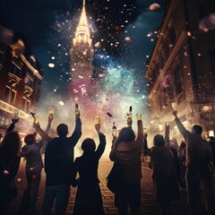 Fototapeta na wymiar Colorful Fireworks Illuminate Night Sky in Exciting New Year's Eve Celebration