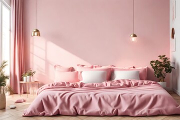 bed in bedroom with pink background