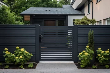 Fotobehang High dark grey home door aluminum gate gray slats portal garden of suburb house © alisaaa