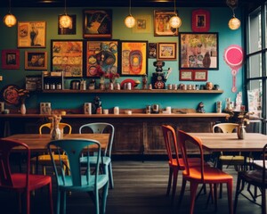 Retro style of coffee shop or restaurant with colorful pictures and details. Creative inside design of bar. An empty place, with no people.