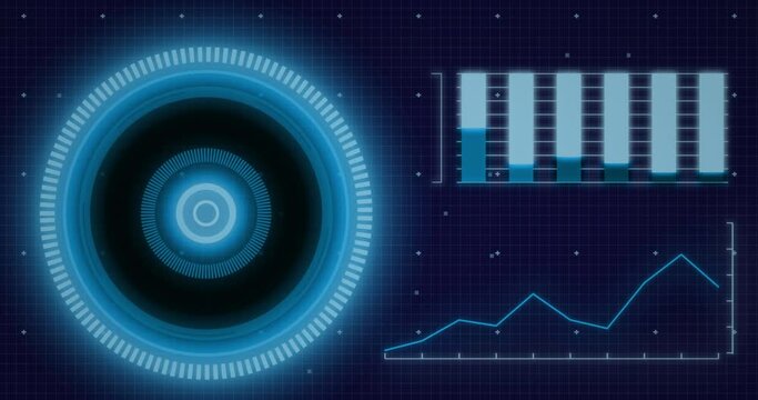 Animation of interface with neon round scanner and statistical data processing on blue background