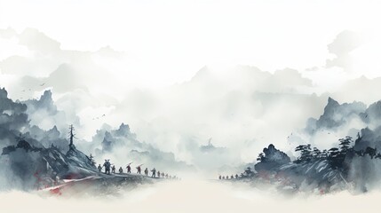 Template Background Chinese Ink Art Landscape Painting Ancient History of China Wallpaper War Battlefield Soldiers Trade Wuxia Online Game Style 16:9 - obrazy, fototapety, plakaty