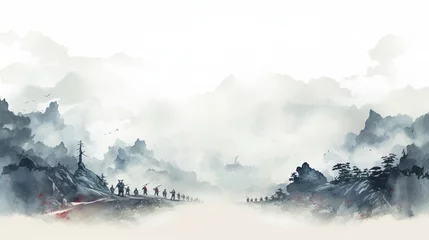 Papier Peint photo Lavable Carte du monde Template Background Chinese Ink Art Landscape Painting Ancient History of China Wallpaper War Battlefield Soldiers Trade Wuxia Online Game Style 16:9