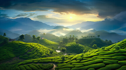 Tea Plantation Landscape at Sunrise 