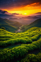 Tea Plantation Landscape at Sunrise 