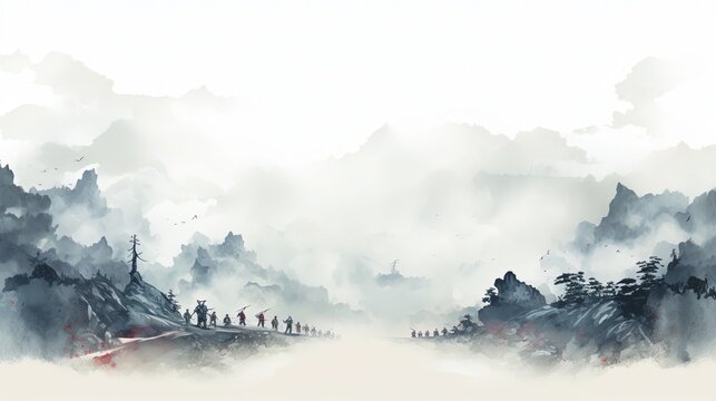 Fototapeta Template Background Chinese Ink Art Landscape Painting Ancient History of China Wallpaper War Battlefield Soldiers Trade Wuxia Online Game Style 16:9