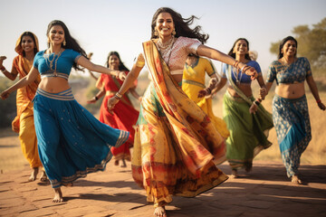 Indian women in national costumes dance on the street
