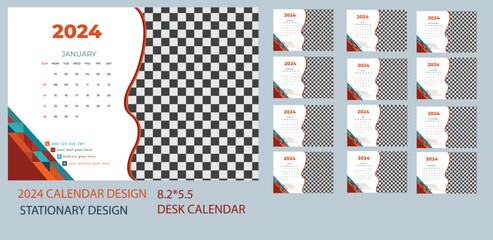 2024 Calendar Planner Template with Place for Photo and Company Logo. Vector layout of a wall or desk simple calendar with week start sunday. Fully editable.