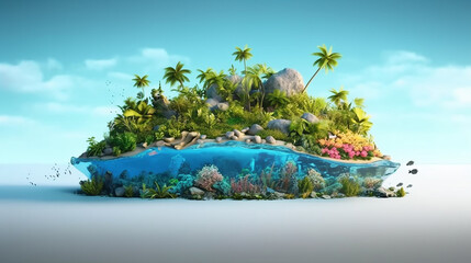 piece of aquarium or ocean with landscape. island paradise isolated, travel and tourism ads