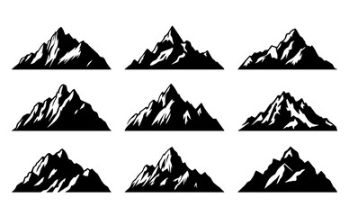 Mountain silhouette set. Rocky mountains icon travel emblems. Camping outdoor adventure emblem, badge, and logo patch. Mountain tours, hiking. Vector isolated on white