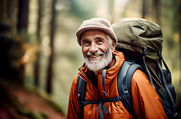 Fototapeta premium Portrait of smiling elderly tourist in bright orange jacket with backpack in forest doing hiking
