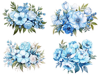 水彩で描かれた青い花束セット