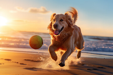 a dog is running on the beach with a ball