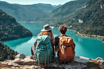 A loving couple of a man and woman sit on a rock and turn their backs on a camera, looking at a  lake surrounded by nature and mountains. Generative AI. - obrazy, fototapety, plakaty