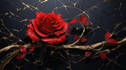 red rose, kintsugi style, copy space, dark background, 16:9 - obrazy, fototapety, plakaty