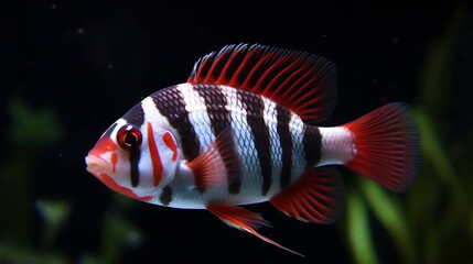 oscar fish striped white and red in aquarium - obrazy, fototapety, plakaty
