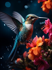 Beautiful hummingbird with open wings and flowers. Generated by AI