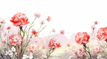 Panoramic view with carnation. Set red, pink, white flowers, gypsophile twigs, white background