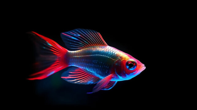 neon tetra lampfish with a shining blue-red stripe on black background