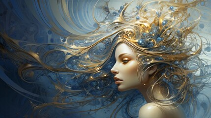 artwork, woman face in the light gold an blue style, copy space, 16:9