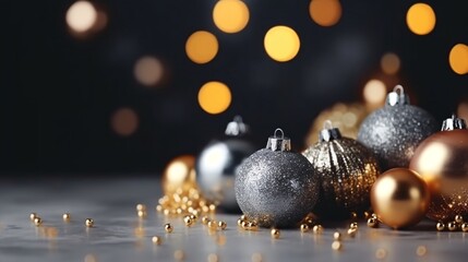 Fototapeta premium Christmas background with decorations on dark blue background. View with copy space.