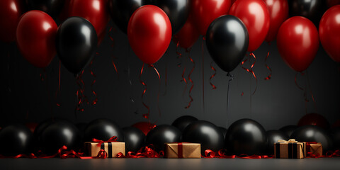 Black and red balloons with gift boxes on black background. Generated by AI