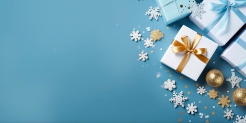 Blue Background Gifts. Christmas Greeting Card with Blue and White Presents. Holiday Theme with Presents and Decorations.