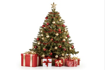 Isolated Christmas Tree. Glistering Ornaments and Presents in Closeup Composition on White Background.