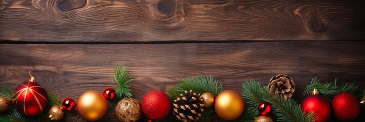 Fototapeta na wymiar Christmas Wood Copyspace: Wide Horizontal Banner for Natural Decorations and Ornaments